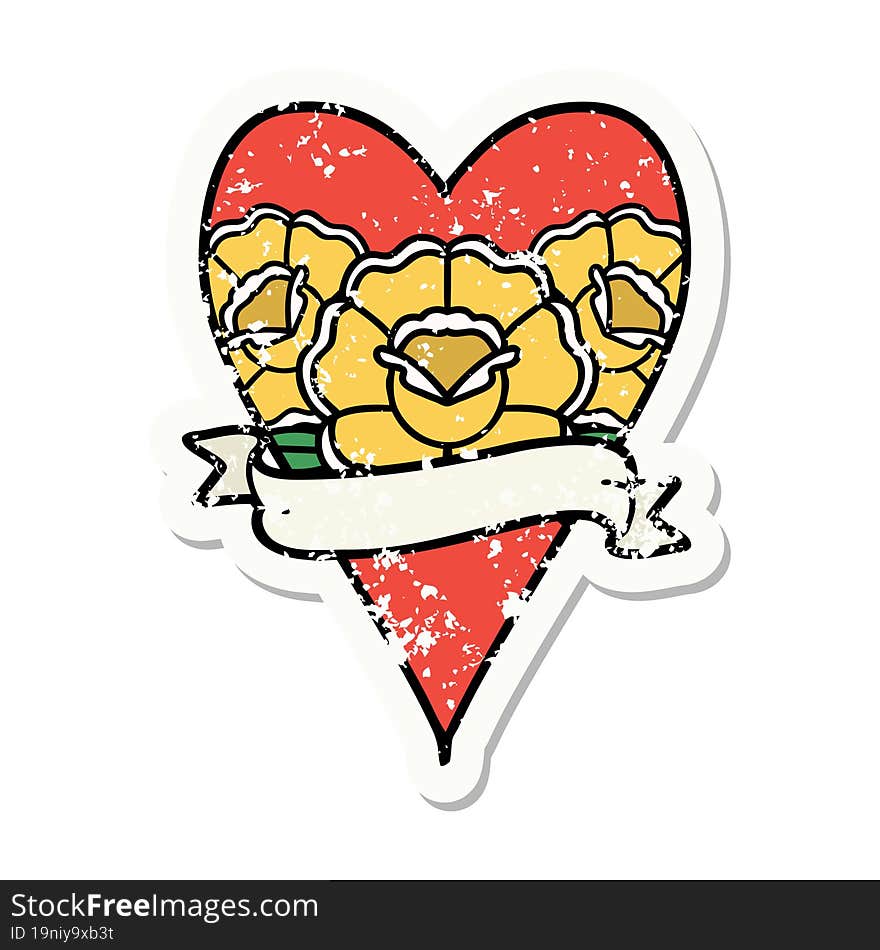 distressed sticker tattoo in traditional style of a heart and banner with flowers. distressed sticker tattoo in traditional style of a heart and banner with flowers