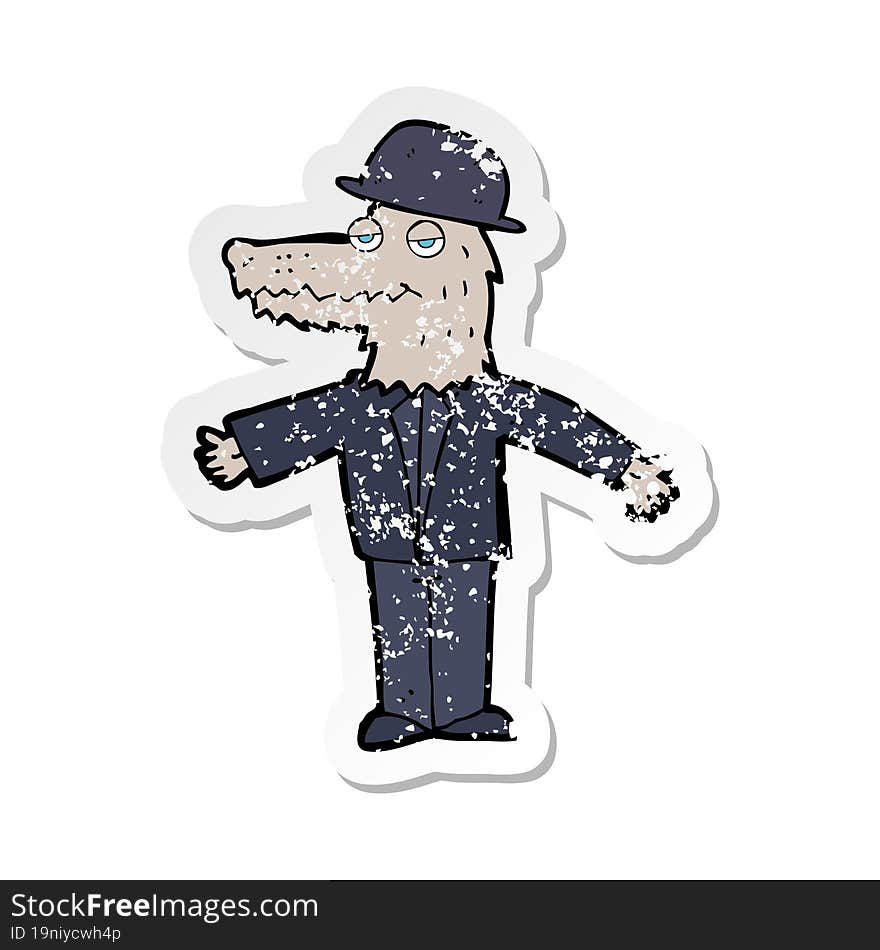 retro distressed sticker of a cartoon werewolf wearing hat