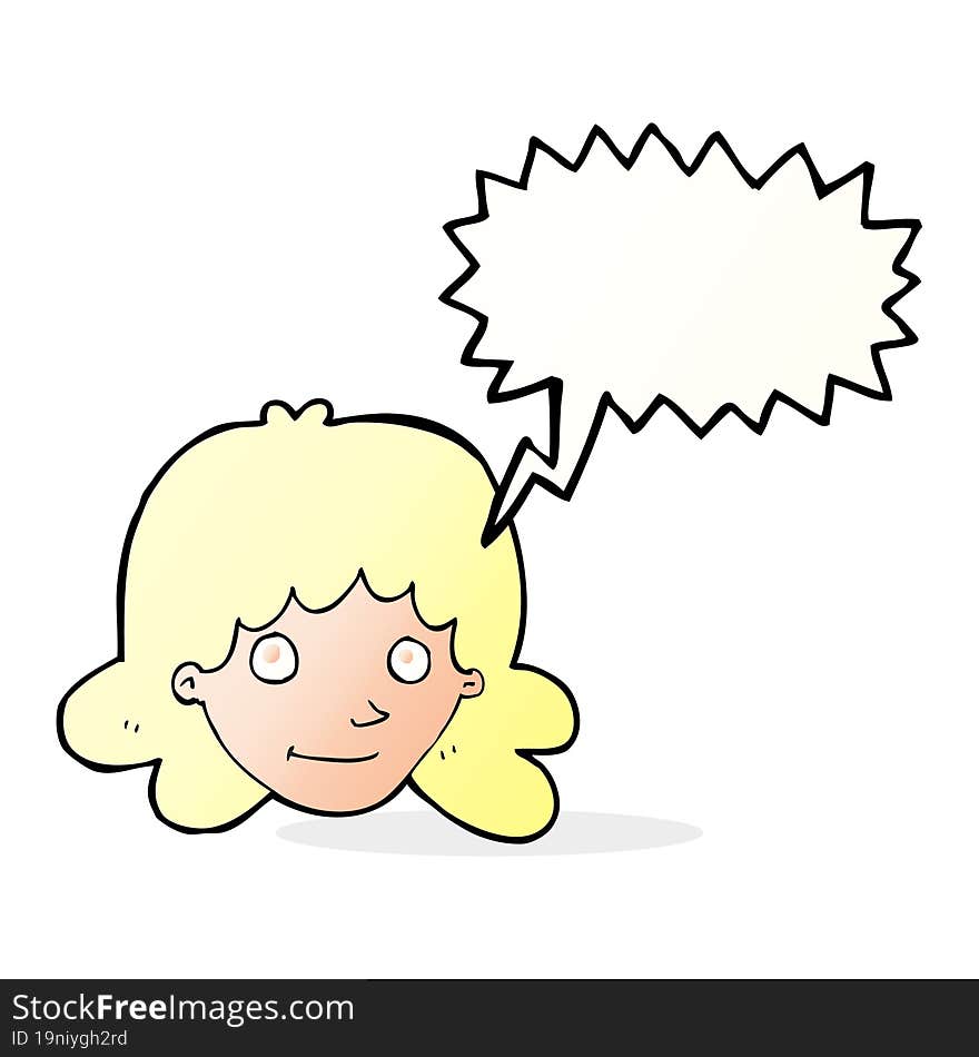 cartoon happy female face with speech bubble