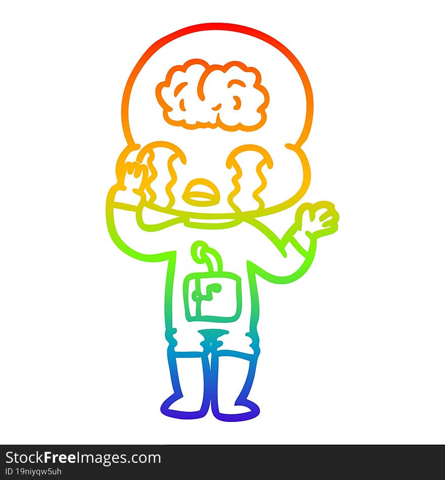 rainbow gradient line drawing cartoon big brain alien crying