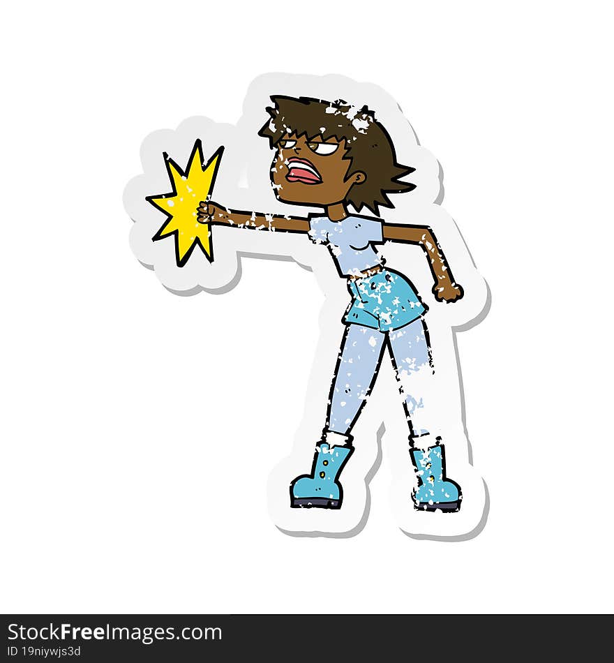 retro distressed sticker of a cartoon woman punching