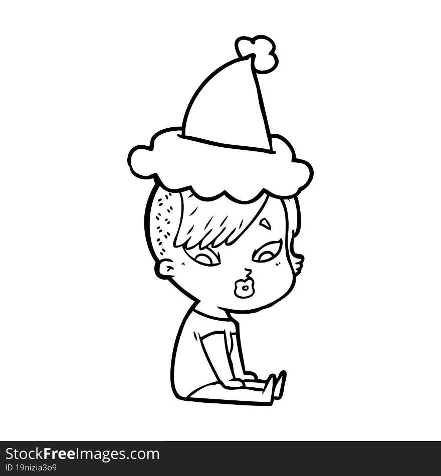 line drawing of a surprised girl wearing santa hat