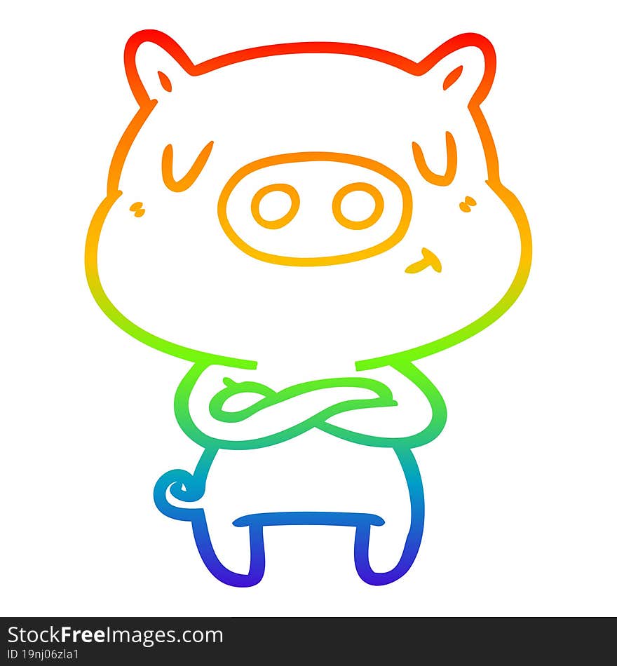 rainbow gradient line drawing of a cartoon content pig