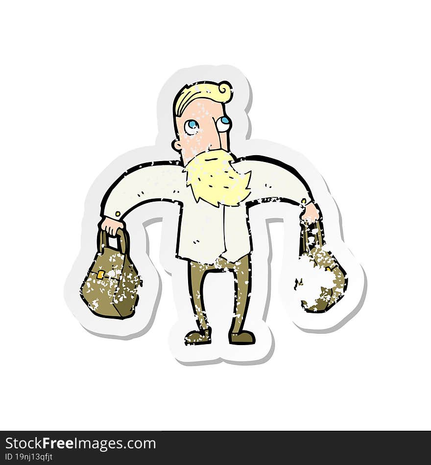 retro distressed sticker of a cartoon hipster man carrying bags