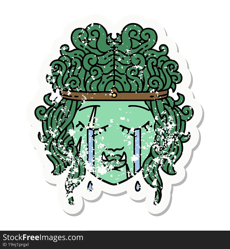 grunge sticker of a sad orc barbarian character face. grunge sticker of a sad orc barbarian character face