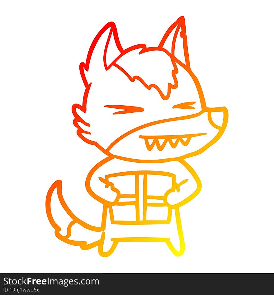 warm gradient line drawing of a angry christmas wolf cartoon