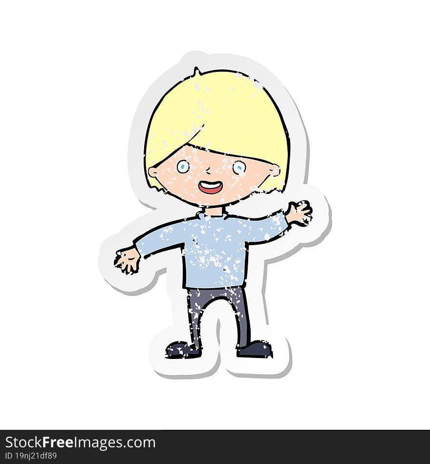 retro distressed sticker of a cartoon waving boy