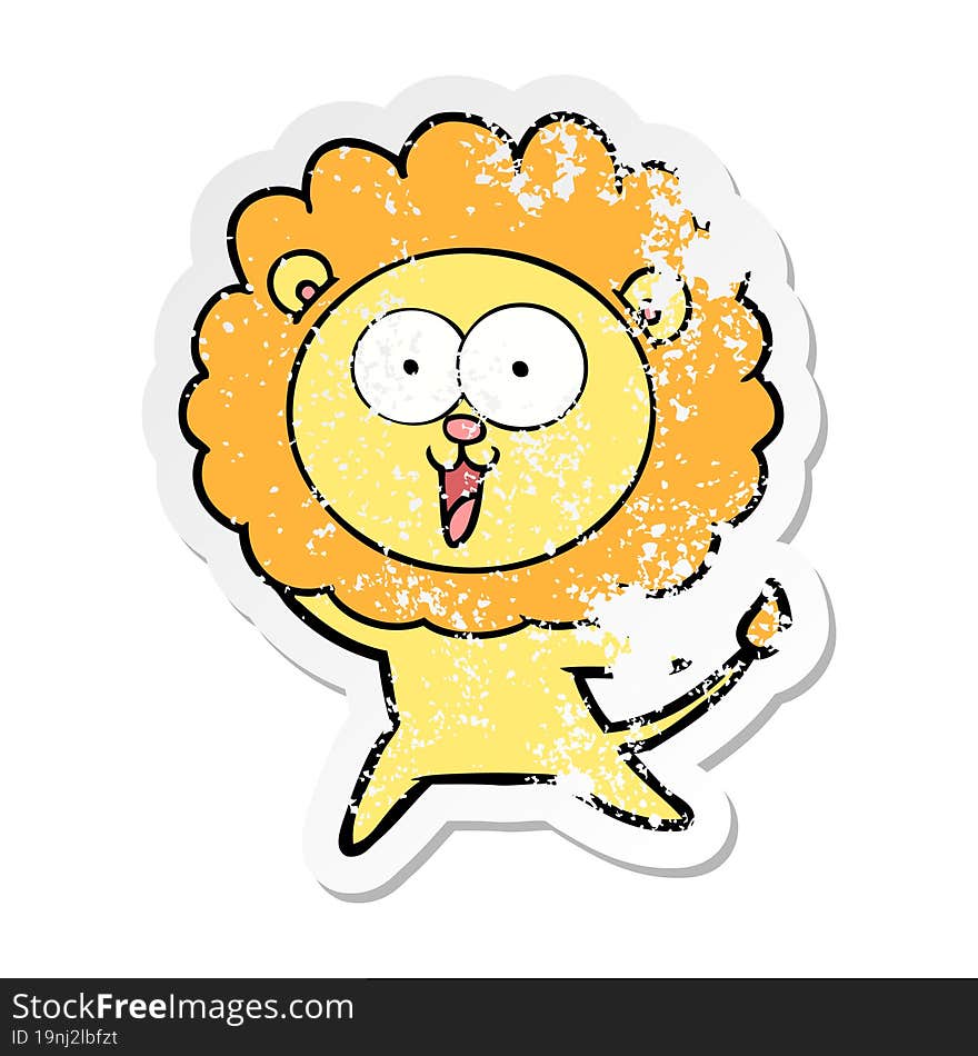 distressed sticker of a happy cartoon lion