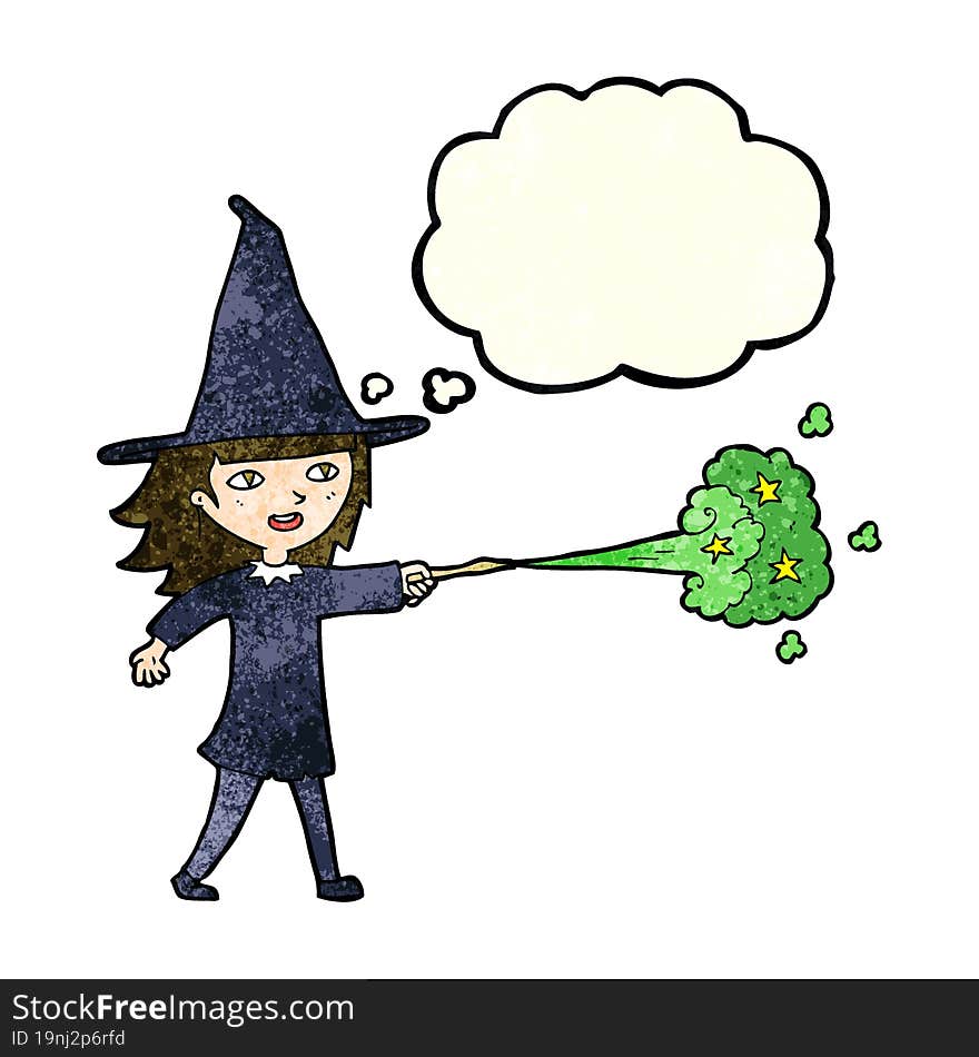 cartoon witch girl casting spell with thought bubble