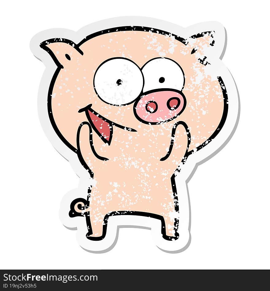 distressed sticker of a cheerful pig cartoon