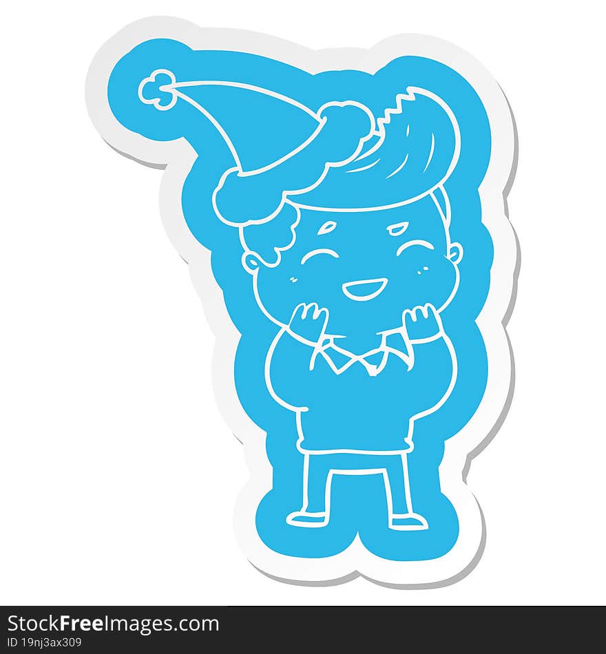 quirky cartoon  sticker of a man laughing wearing santa hat