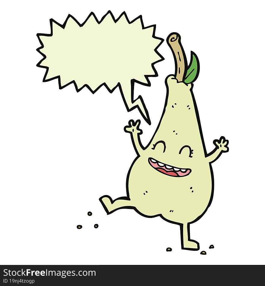 cartoon happy dancing pear with speech bubble