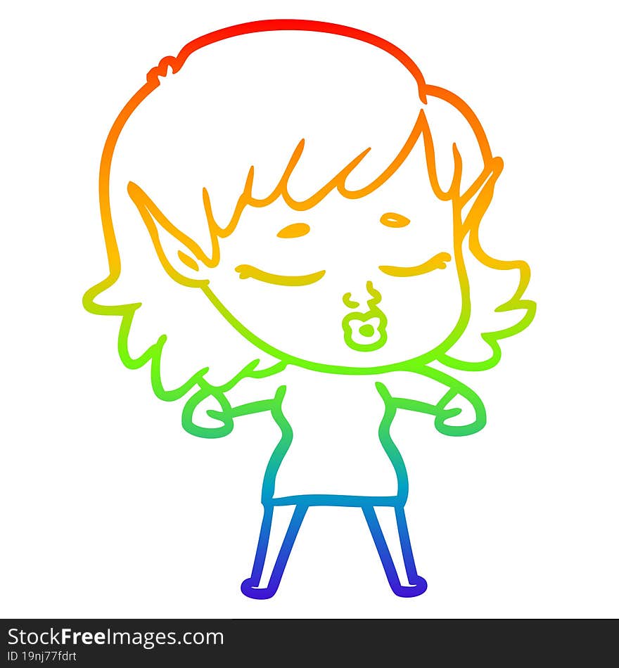 Rainbow Gradient Line Drawing Pretty Cartoon Elf Girl