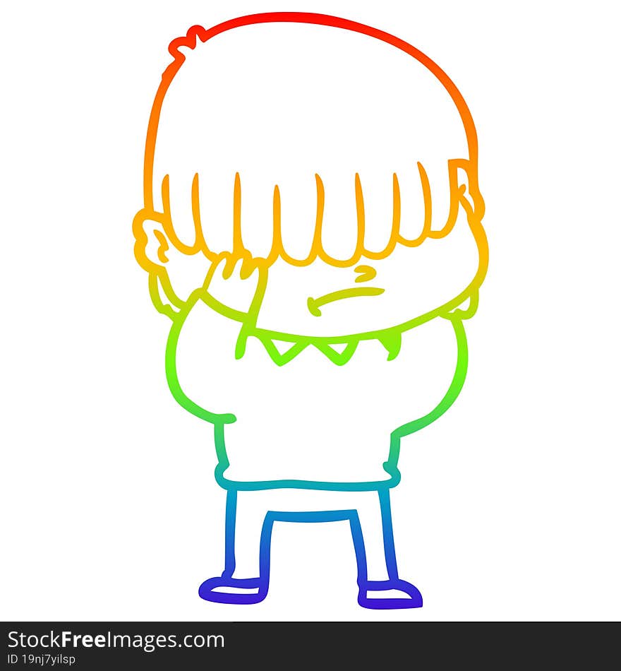 Rainbow Gradient Line Drawing Cartoon Boy With Untidy Hair