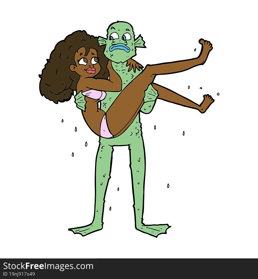 cartoon swamp monster carrying woman in bikini