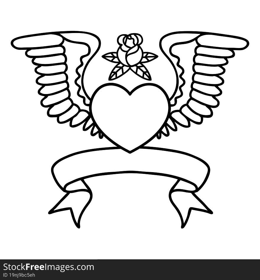 Black Linework Tattoo With Banner Of A Heart With Wings