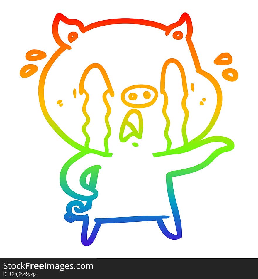 rainbow gradient line drawing of a crying pig cartoon