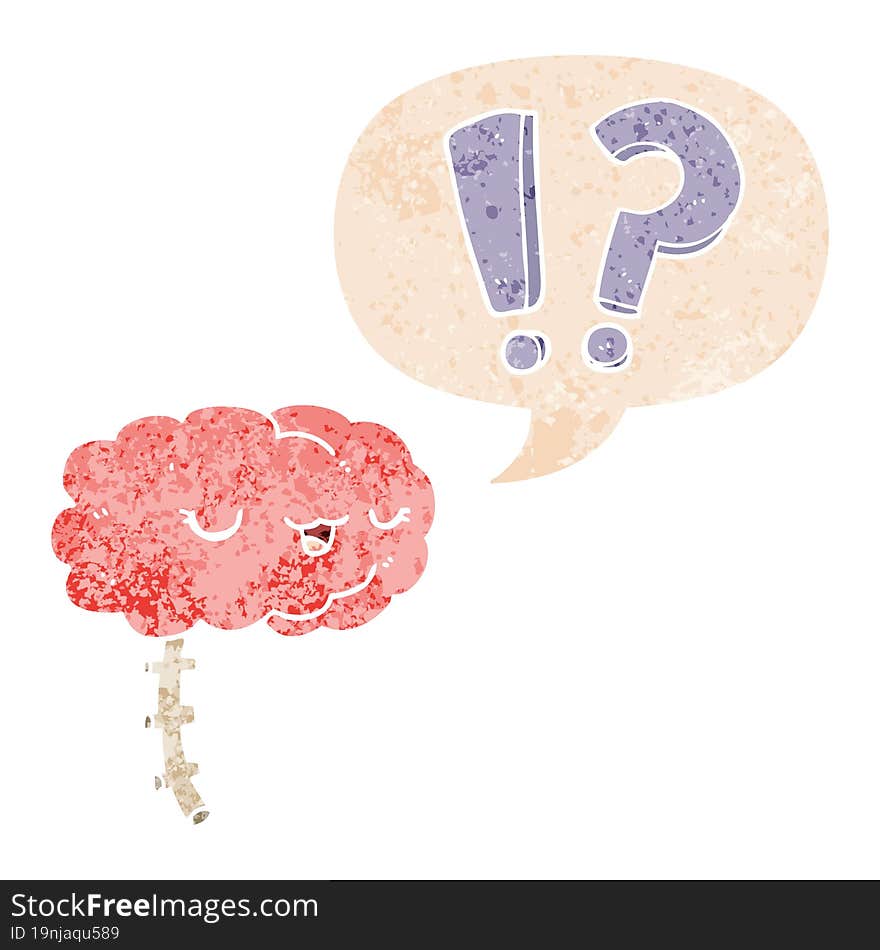 cartoon curious brain and speech bubble in retro textured style