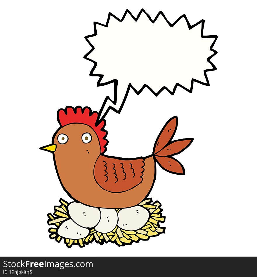 cartoon hen on eggs with speech bubble