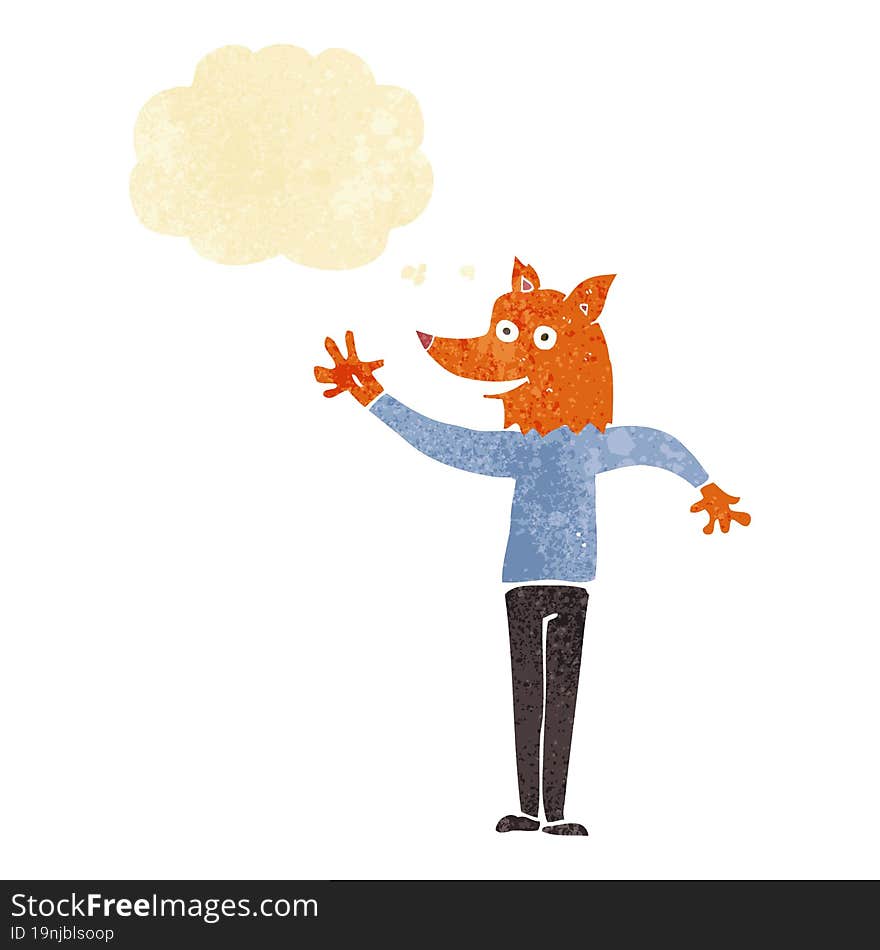 cartoon waving fox man with thought bubble