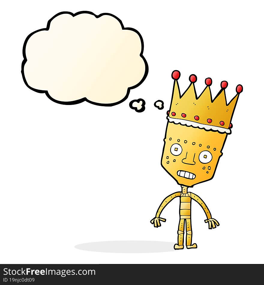 cartoon robot with crown with thought bubble