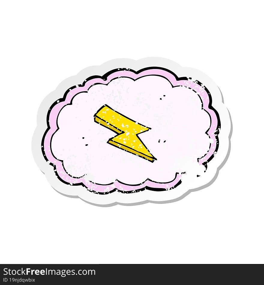 retro distressed sticker of a cartoon cloud and lightning bolt symbol