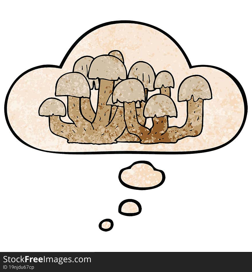 cartoon mushroom with thought bubble in grunge texture style. cartoon mushroom with thought bubble in grunge texture style