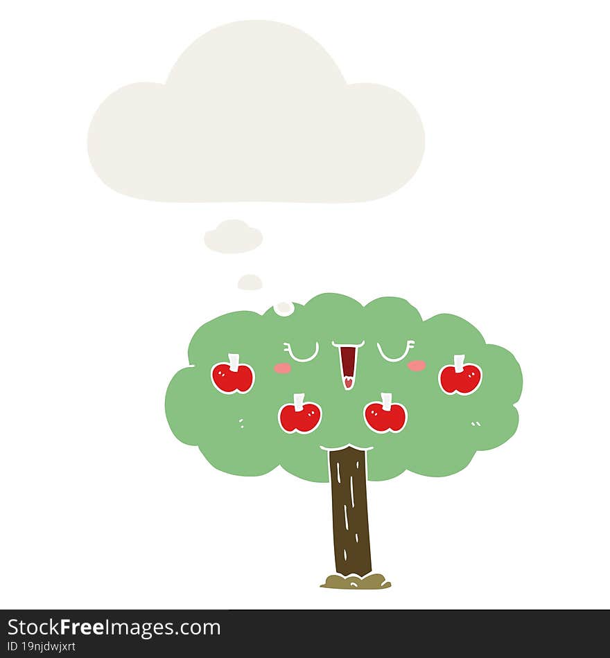 Cartoon Apple Tree And Thought Bubble In Retro Style