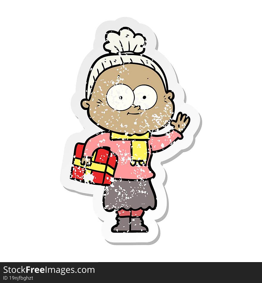 distressed sticker of a cartoon happy old woman