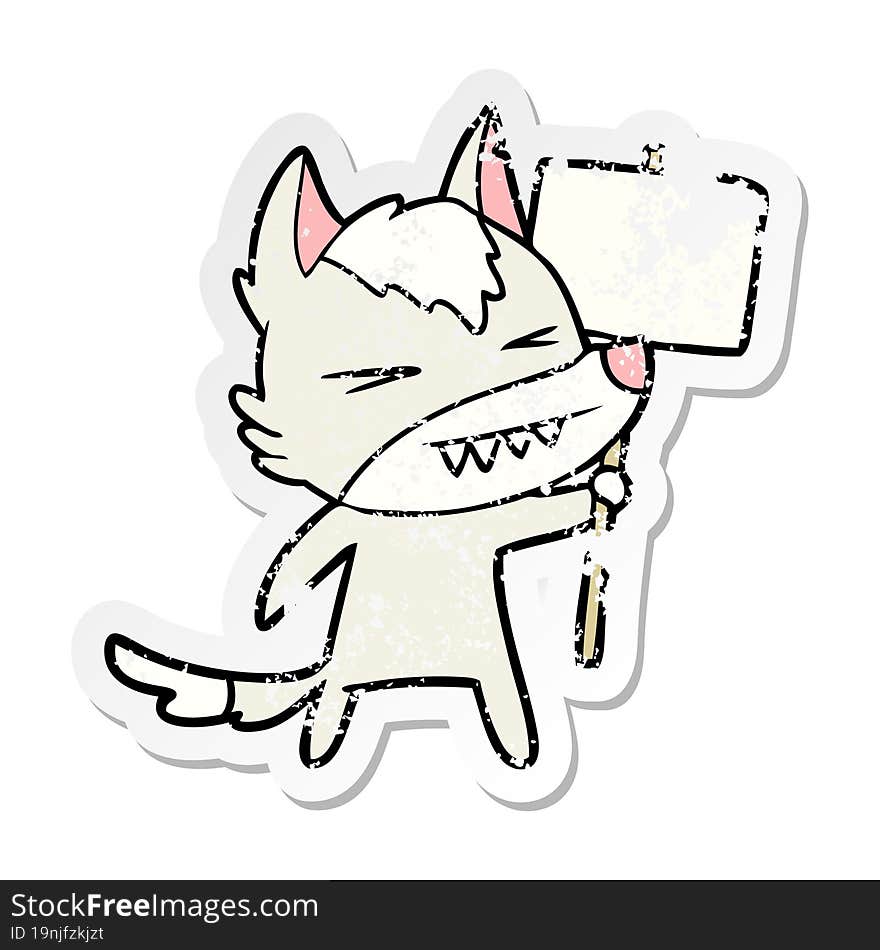 Distressed Sticker Of A Angry Wolf Cartoon With Placard