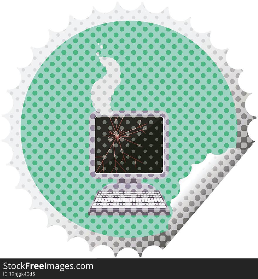 broken computer graphic vector illustration round sticker stamp. broken computer graphic vector illustration round sticker stamp