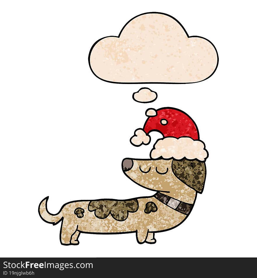 Cartoon Dog Wearing Christmas Hat And Thought Bubble In Grunge Texture Pattern Style