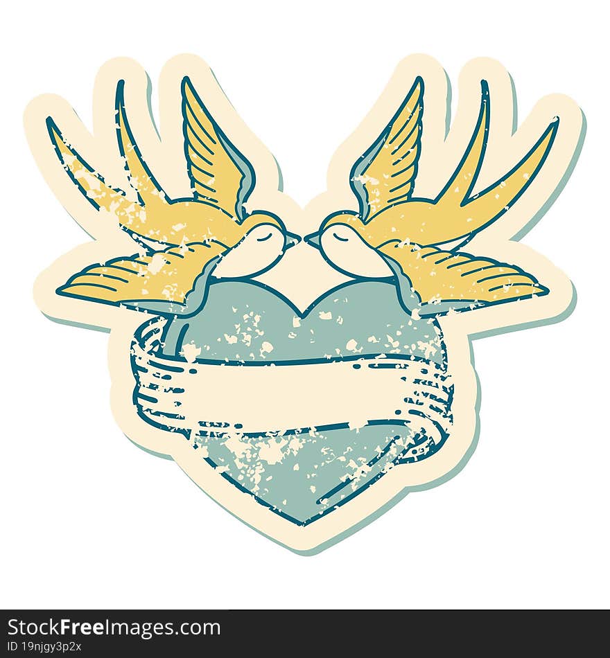 distressed sticker tattoo style icon of a swallows and a heart with banner