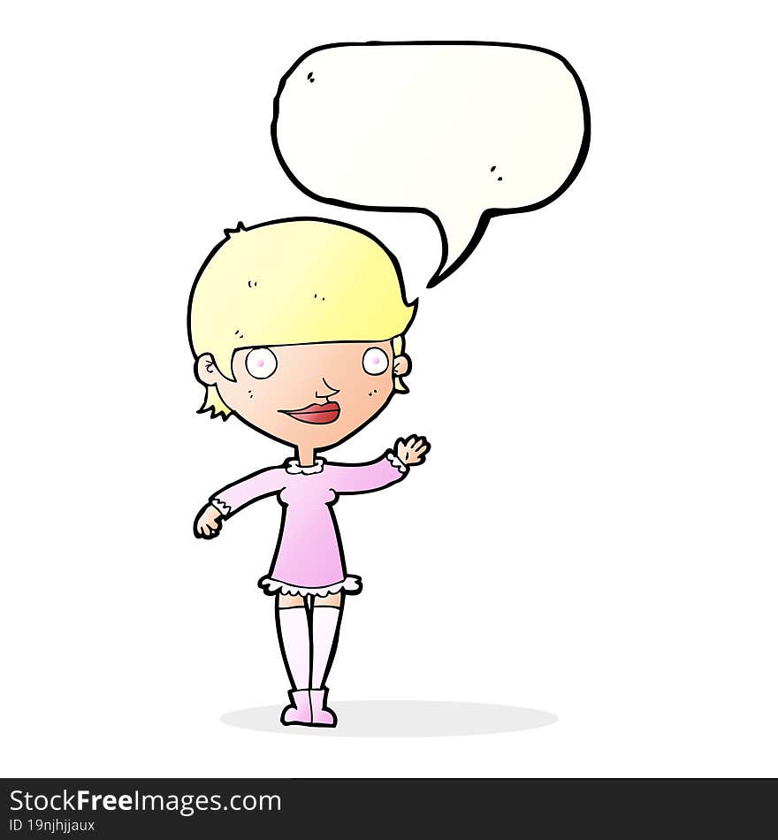 cartoon waving woman with speech bubble