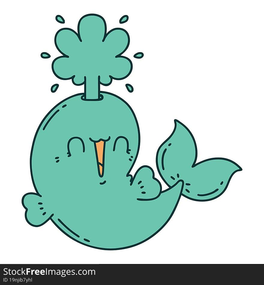 traditional tattoo style happy squirting whale character