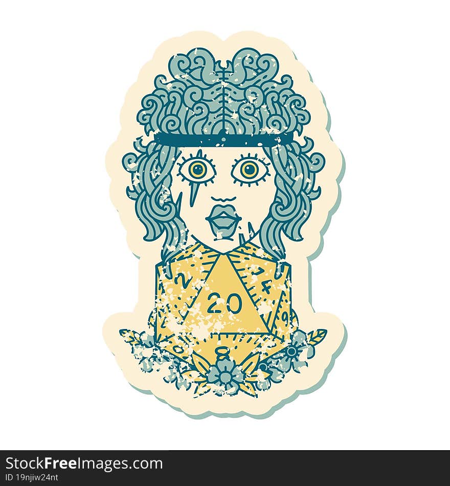 grunge sticker of a human barbarian with natural twenty dice roll. grunge sticker of a human barbarian with natural twenty dice roll