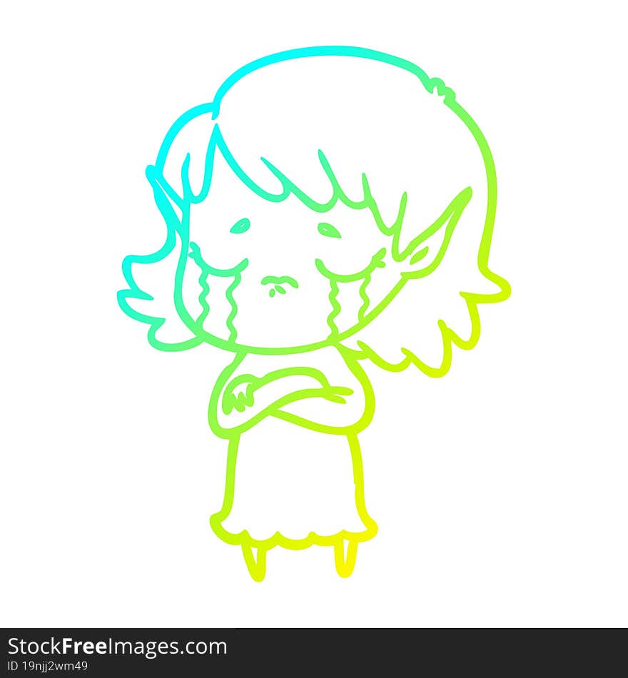 cold gradient line drawing of a cartoon crying elf girl