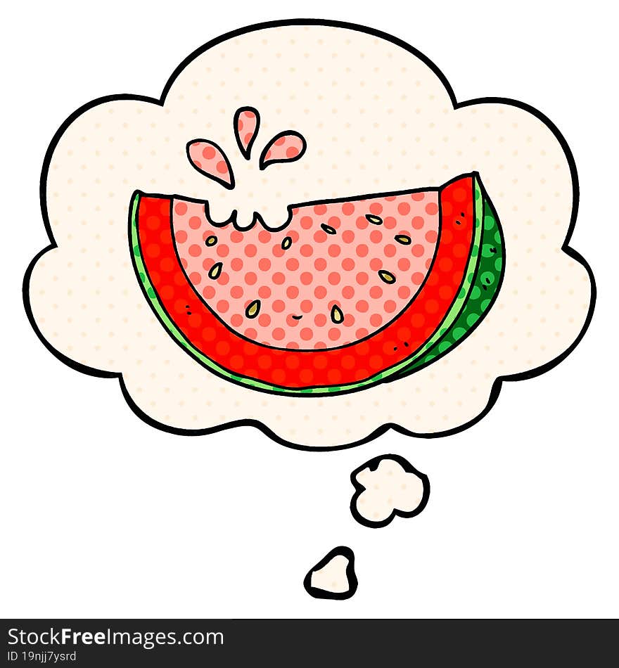 cartoon watermelon and thought bubble in comic book style