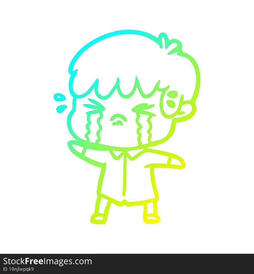 cold gradient line drawing of a cartoon boy crying