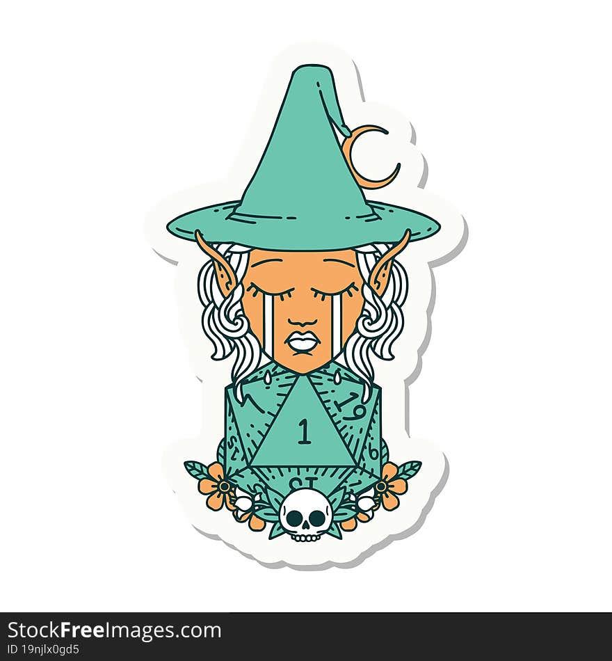 crying elf witch with natural one D20 roll sticker