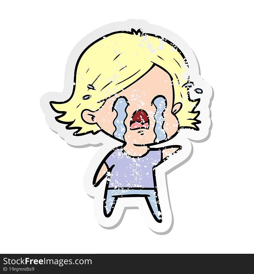 distressed sticker of a cartoon woman crying