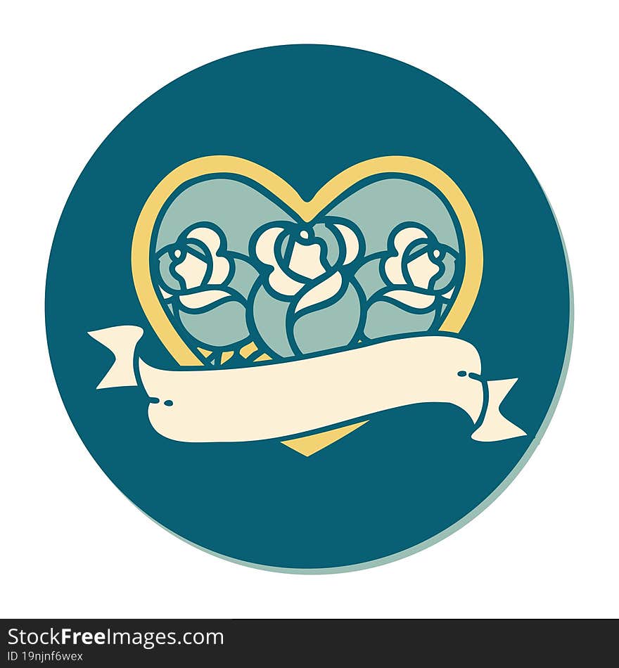 sticker of tattoo in traditional style of a heart and banner with flowers. sticker of tattoo in traditional style of a heart and banner with flowers