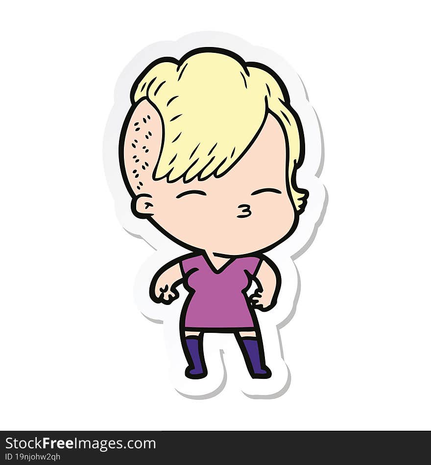 sticker of a cartoon squinting girl