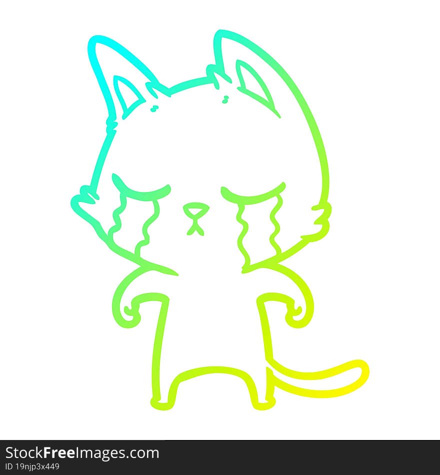 cold gradient line drawing of a crying cartoon cat