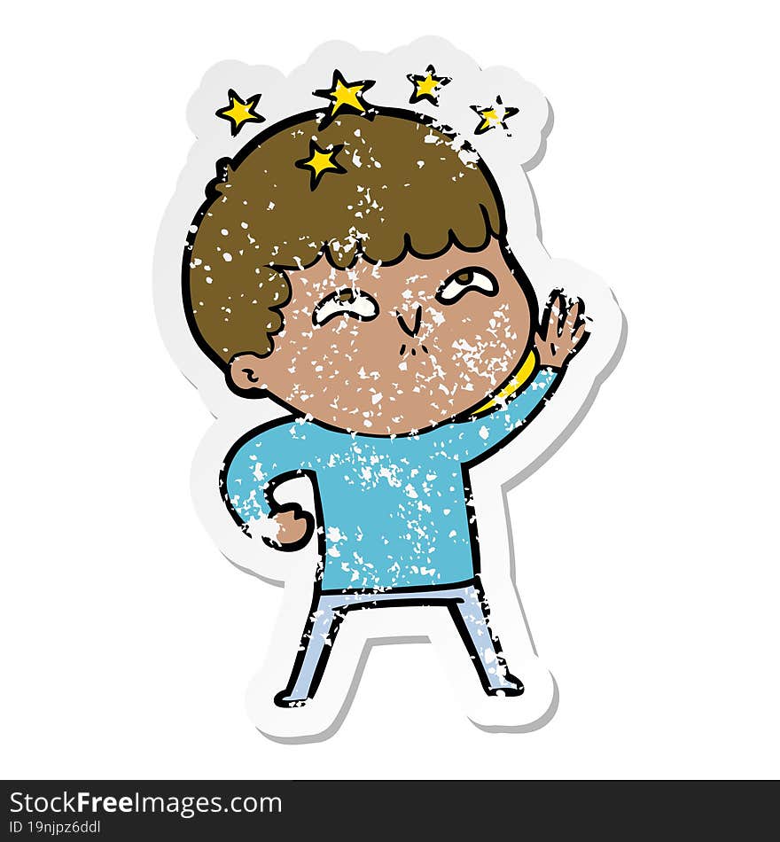 distressed sticker of a cartoon amazed boy