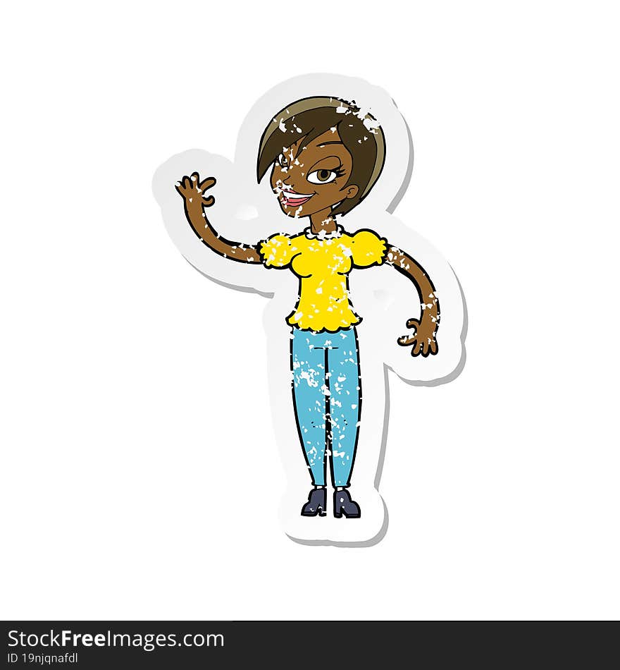 Retro Distressed Sticker Of A Cartoon Woman Waving