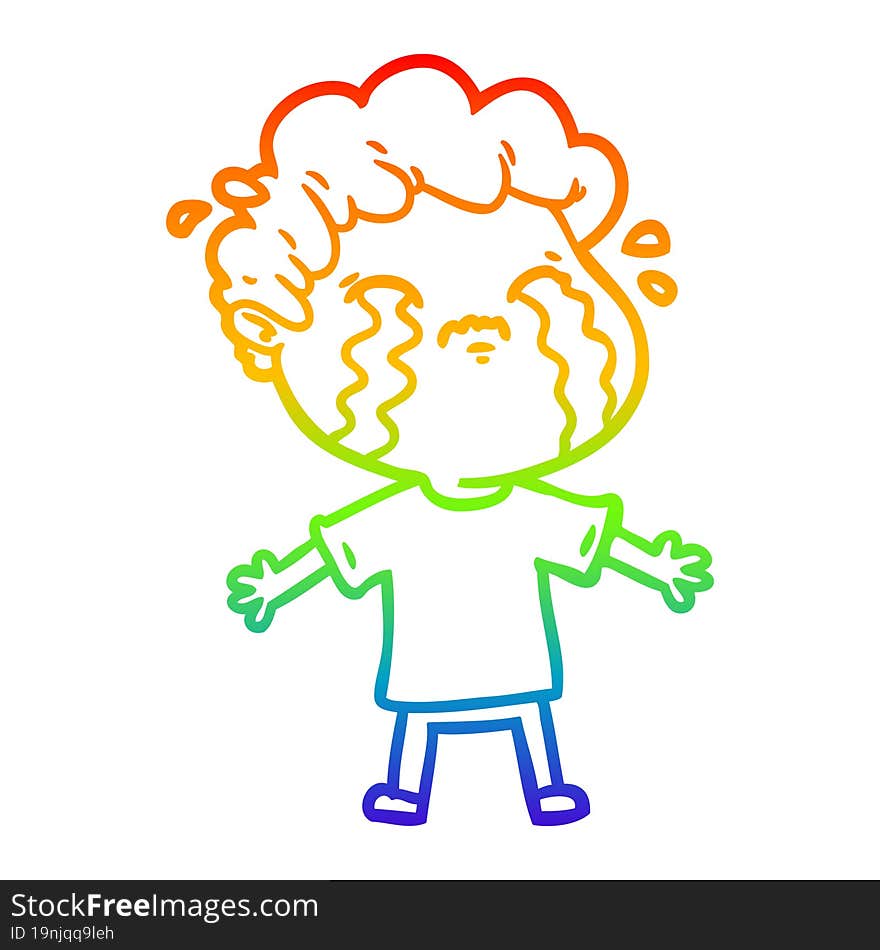 rainbow gradient line drawing of a cartoon man crying