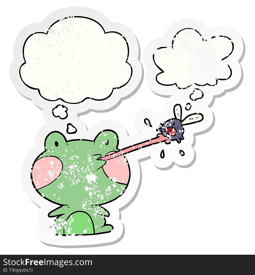 cartoon frog catching fly and thought bubble as a distressed worn sticker