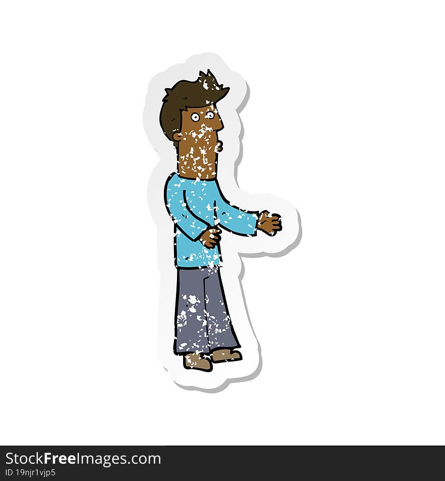 retro distressed sticker of a cartoon man explaining