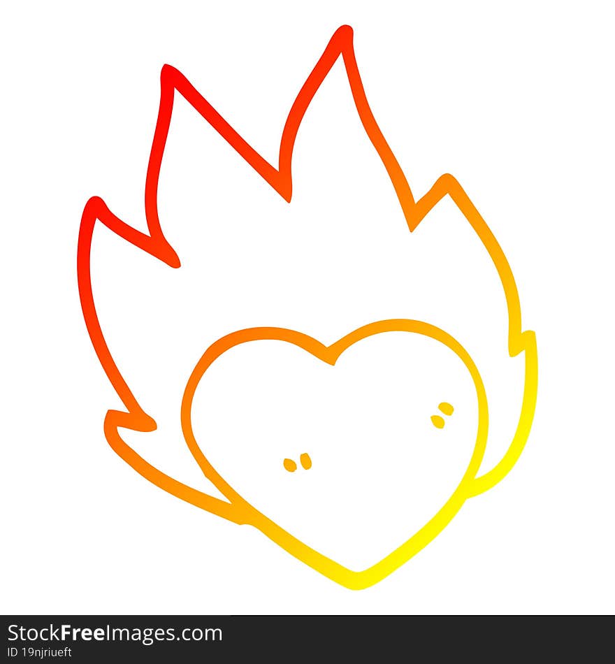 warm gradient line drawing of a cartoon flaming heart